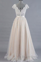 Cute Cap Sleeve V Neck Lace Tulle Wedding Dresses