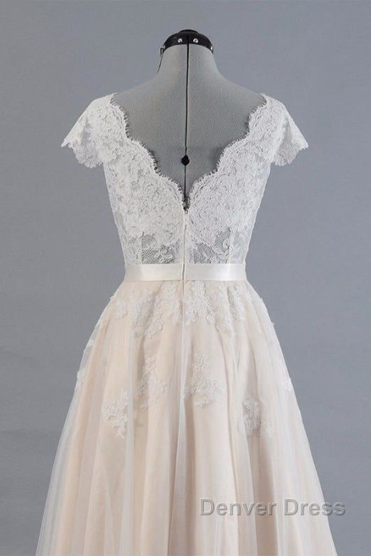 Cute Cap Sleeve V-neck Lace Tulle Wedding Dresses