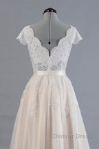 Cute Cap Sleeve V Neck Lace Tulle Wedding Dresses