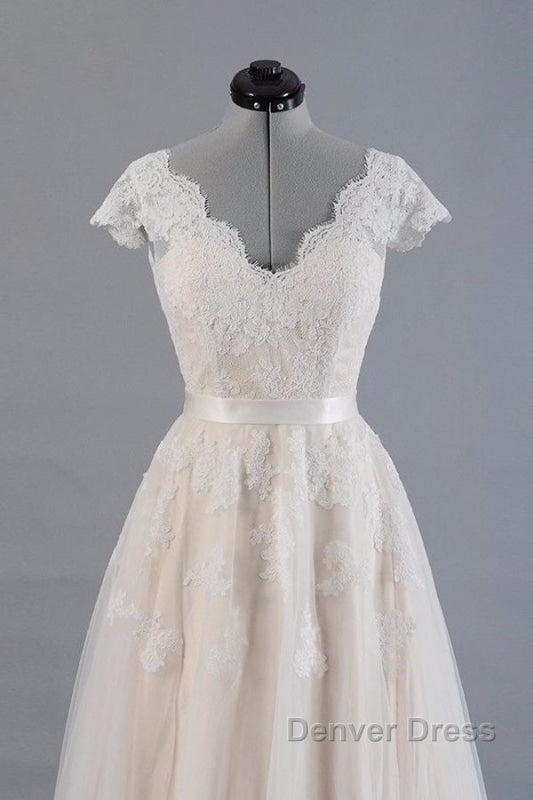 Cute Cap Sleeve V Neck Lace Tulle Wedding Dresses