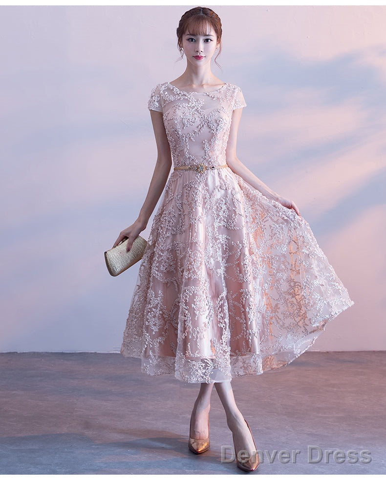 Cute Cap Sleeves Lace Tea Length Bridesmaid Dress, Lovely Bridesmaid Dresses Secondary image
