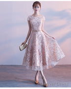 Cute Cap Sleeves Lace Tea Length Bridesmaid Dress, Lovely Bridesmaid Dresses