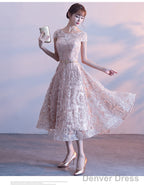 Cute Cap Sleeves Lace Tea Length Bridesmaid Dress, Lovely Bridesmaid Dress