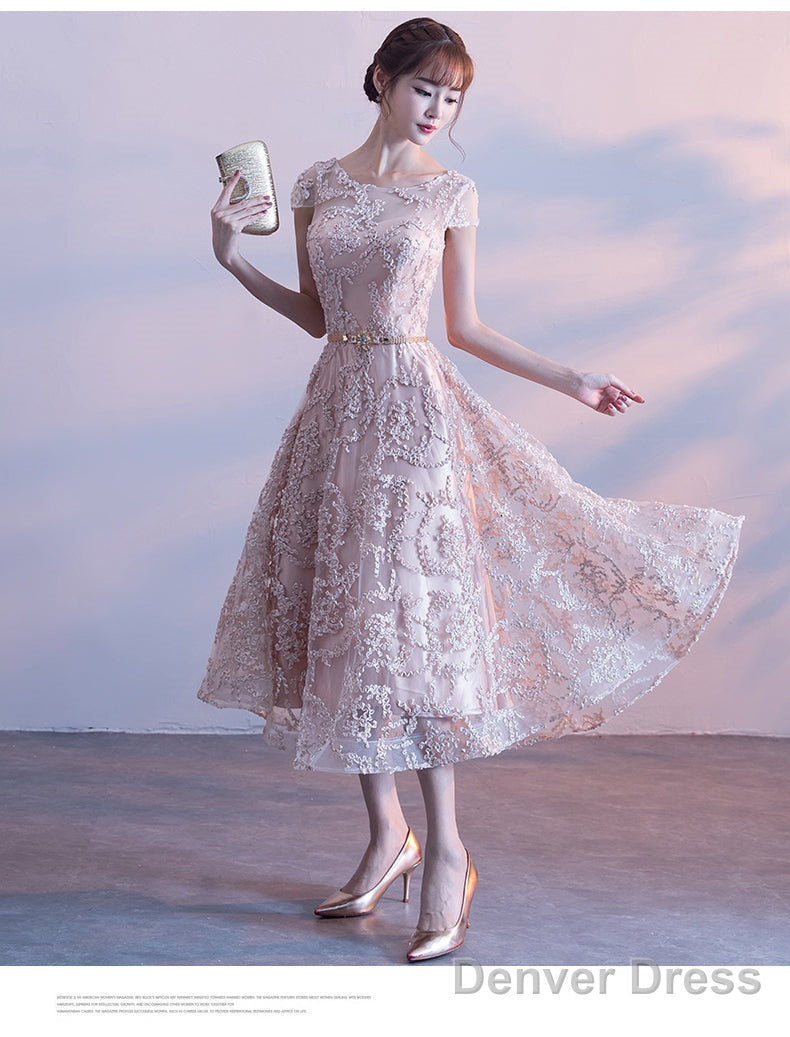 Cute Cap Sleeves Lace Tea Length Bridesmaid Dress, Lovely Bridesmaid Dress