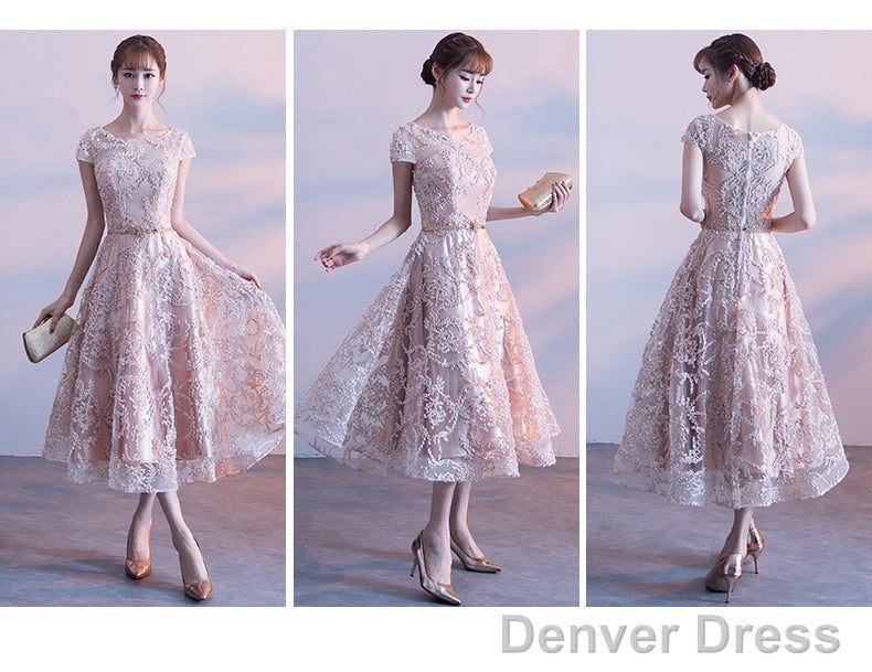 Cute Cap Sleeves Lace Tea Length Bridesmaid Dress, Lovely Bridesmaid Dress