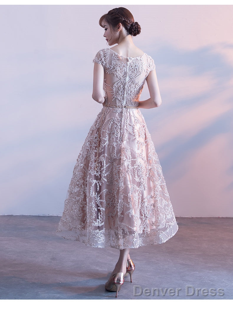 Cute Cap Sleeves Lace Tea Length Bridesmaid Dress, Lovely Bridesmaid Dress