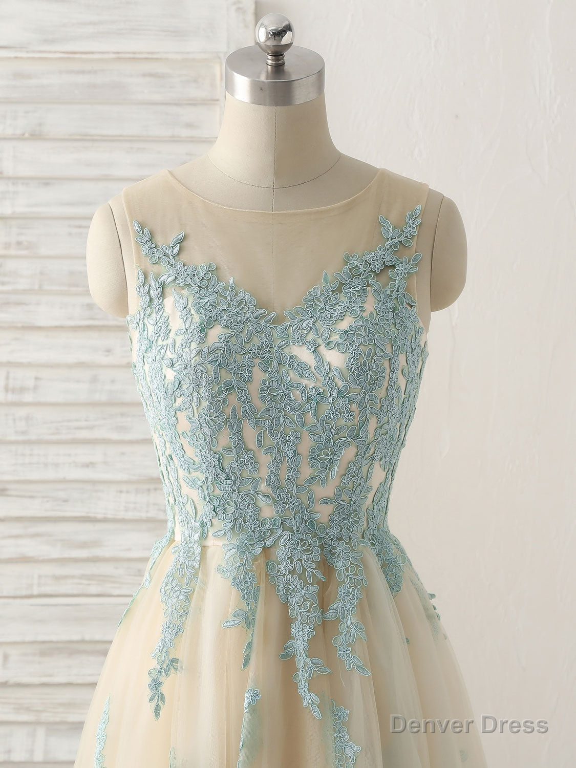 Cute Champagne Lace Long Prom Dress, A Line Tulle Bridesmaid Dress Secondary image
