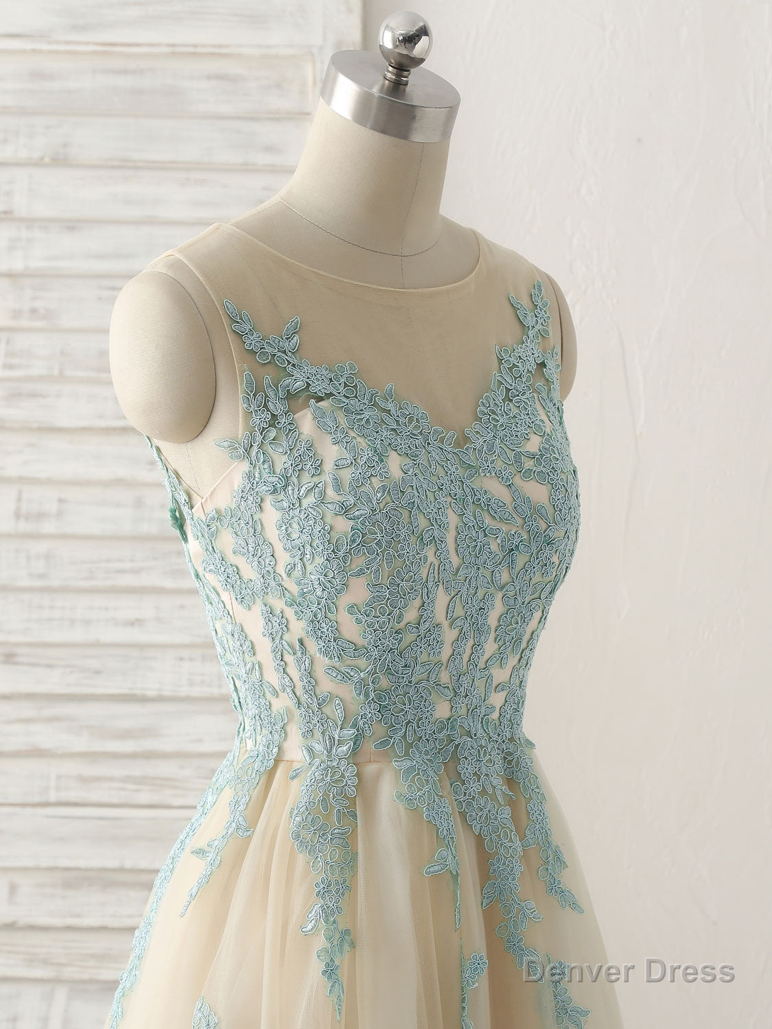 Cute Champagne Lace Long Prom Dress, A Line Tulle Bridesmaid Dresses