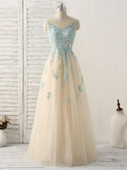 Cute Champagne Lace Long Prom Dress, A Line Tulle Bridesmaid Dresses