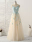 Cute Champagne Lace Long Prom Dress, A Line Tulle Bridesmaid Dresses