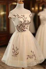 Cute Champagne Off Shoulder Knee Length Prom Dresses , Lovely Formal Dresses