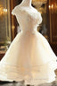 Cute Champagne Organza Layers Knee Length Homecoming Dresses with Lace, Short Prom Dresses