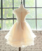 Cute Champagne Organza Layers Knee Length Homecoming Dresses with Lace, Short Prom Dresses