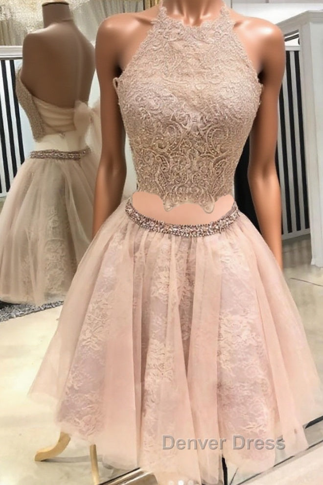 Cute champagne tulle lace short prom Dress, homecoming Dresses