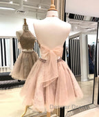 Cute champagne tulle lace short prom Dress, homecoming Dresses