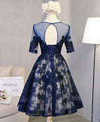 Cute Dark Blue Lace Short Prom Dress, Blue Homecoming Dresses
