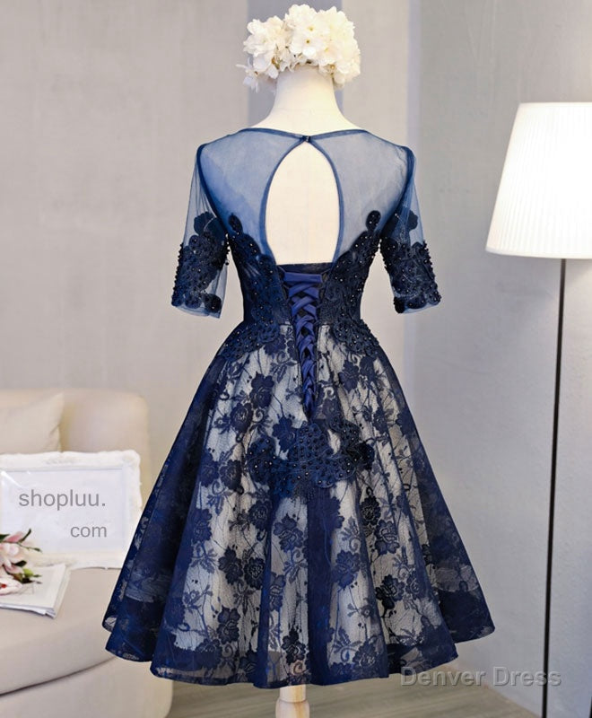 Cute Dark Blue Lace Short Prom Dress, Blue Homecoming Dresses