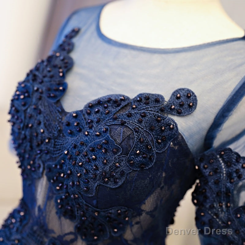 Cute Dark Blue Lace Short Prom Dress, Blue Homecoming Dresses