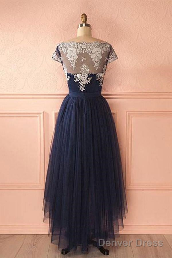 Cute Dark Blue Tulle Lace High Low Prom Dress Evening Dresses Secondary image