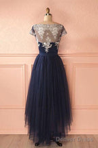 Cute Dark Blue Tulle Lace High Low Prom Dress Evening Dresses