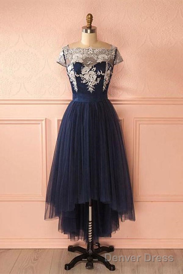 Cute Dark Blue Tulle Lace High Low Prom Dress Evening Dresses Main image