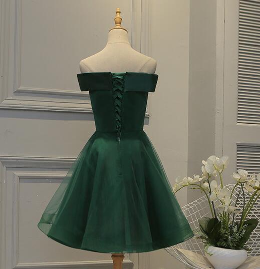 Cute Dark Green Off Shoulder Short Prom Dress, Tulle Homecoming Dresses