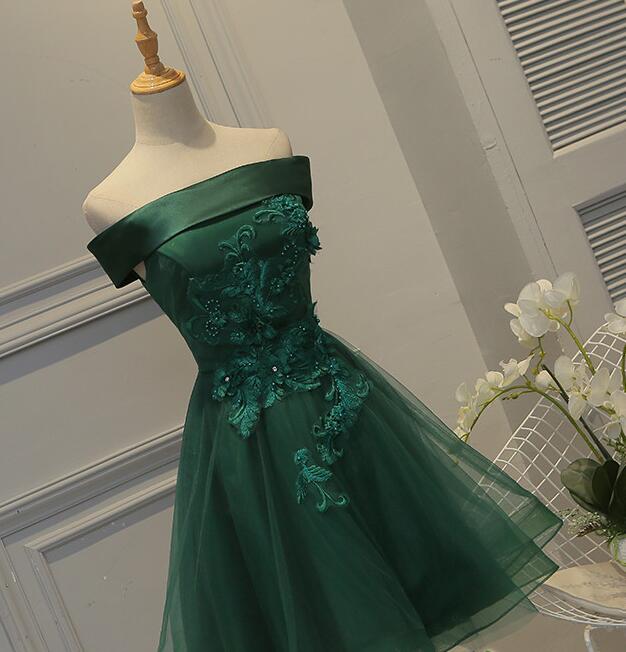 Cute Dark Green Off Shoulder Short Prom Dress, Tulle Homecoming Dresses