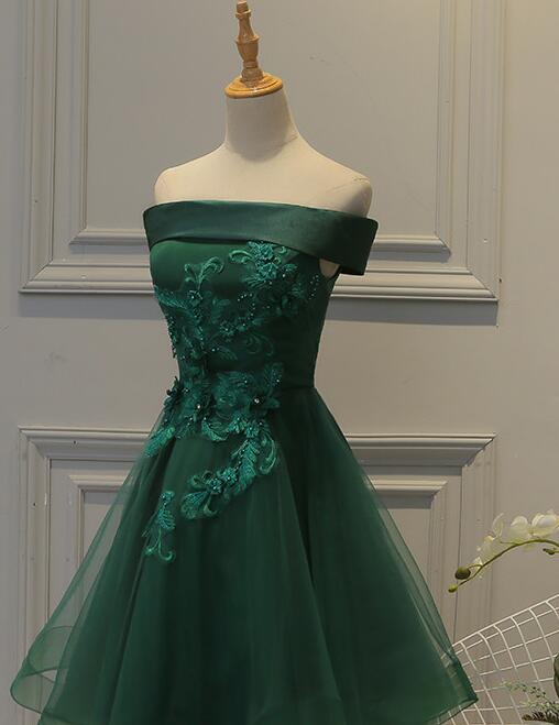Cute Dark Green Off Shoulder Short Prom Dress, Tulle Homecoming Dresses