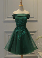 Cute Dark Green Off Shoulder Short Prom Dress, Tulle Homecoming Dresses