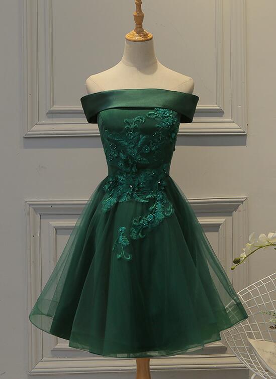 Cute Dark Green Off Shoulder Short Prom Dress, Tulle Homecoming Dresses