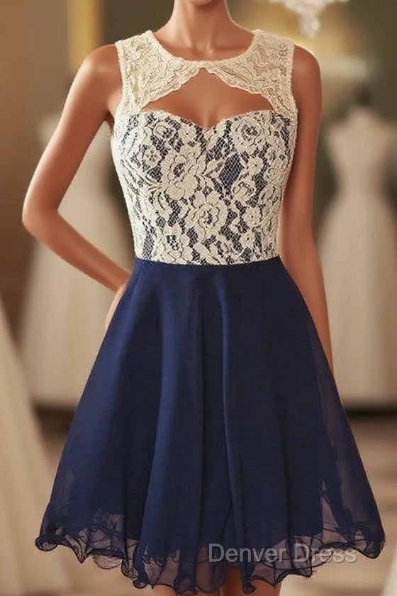 Cute Dark Navy Homecoming Dresses Lace Open Back Short Formal Dresses Main image