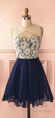 Cute Dark Navy Homecoming Dresses Lace Open Back Short Formal Dresses