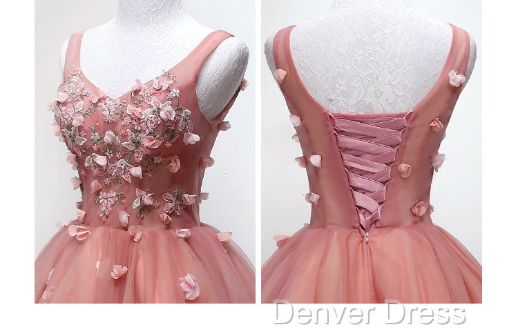 Cute Dark Pearl Pink Knee Length V-Neckline Flower Homecoming Dress, New Prom Dresses