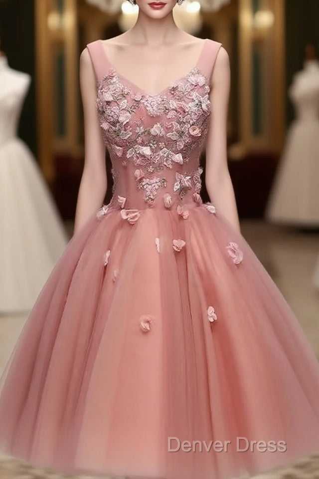 Cute Dark Pearl Pink Knee Length V-Neckline Flower Homecoming Dress, New Prom Dresses Main image