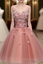 Cute Dark Pearl Pink Knee Length V-Neckline Flower Homecoming Dress, New Prom Dresses