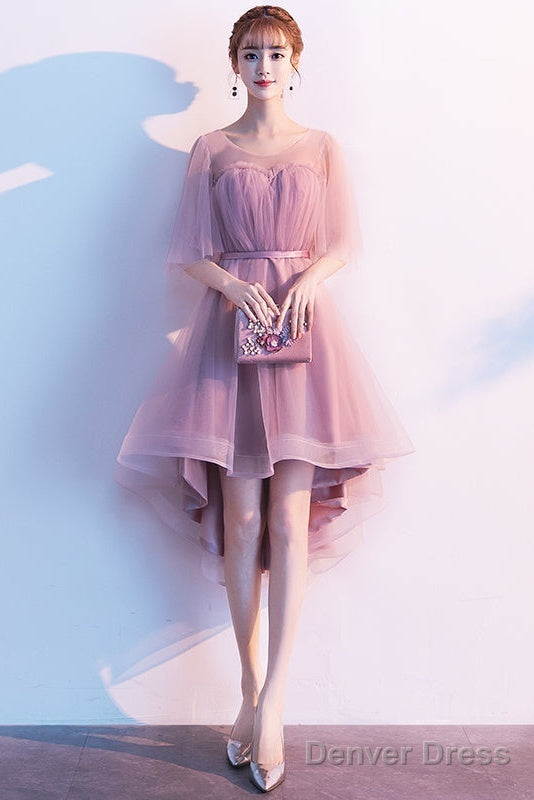 Cute Dark Pink High Low Tulle Round Neckline Party Dress, Short Pink Homecoming Dresses
