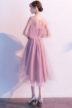Cute Dark Pink High Low Tulle Round Neckline Prom Dress, Short Pink Homecoming Dresses