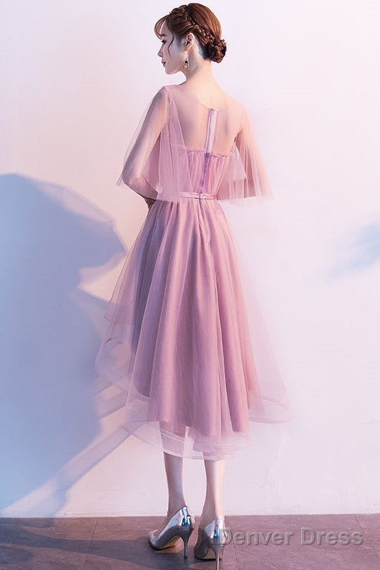 Cute Dark Pink High Low Tulle Round Neckline Prom Dress, Short Pink Homecoming Dresses