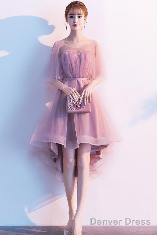 Cute Dark Pink High Low Tulle Round Neckline Party Dress, Short Pink Homecoming Dresses