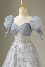 Cute Floral Printed Long Prom Dresses A Line Puff Sleeves Blue Prom Gowns