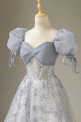 Cute Floral Printed Long Prom Dresses  A Line Puff Sleeves Blue Party Gown