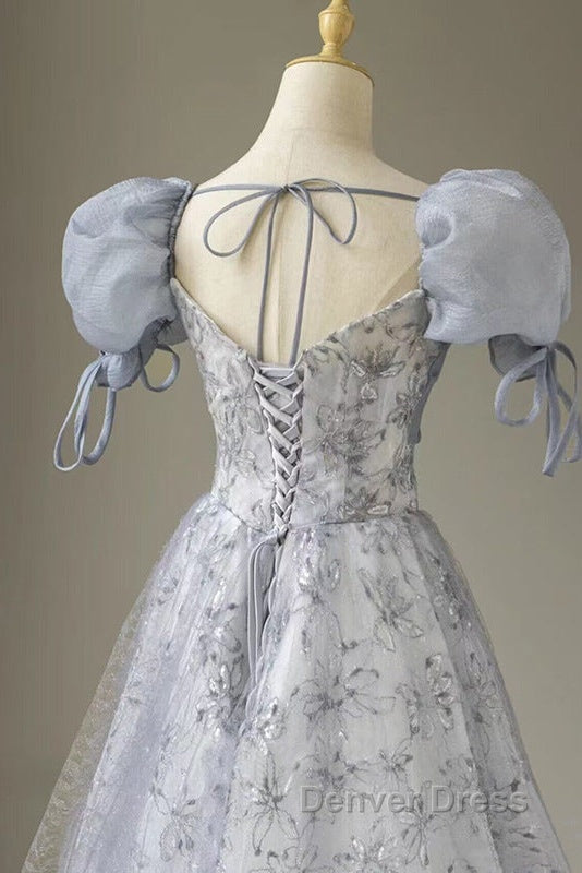 Cute Floral Printed Long Prom Dresses A Line Puff Sleeves Blue Prom Gowns