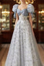 Cute Floral Printed Long Prom Dresses A Line Puff Sleeves Blue Prom Gowns