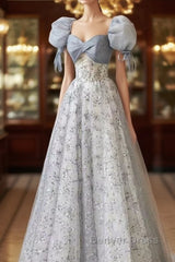 Cute Floral Printed Long Prom Dresses  A Line Puff Sleeves Blue Party Gown