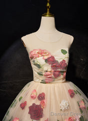Cute Flowers Round Neckline Light Champagne Party Dress, Short Cute Prom Dress