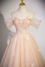 Cute Flowers Tulle Long Prom Dress, Off Shoulder Prom Dresses