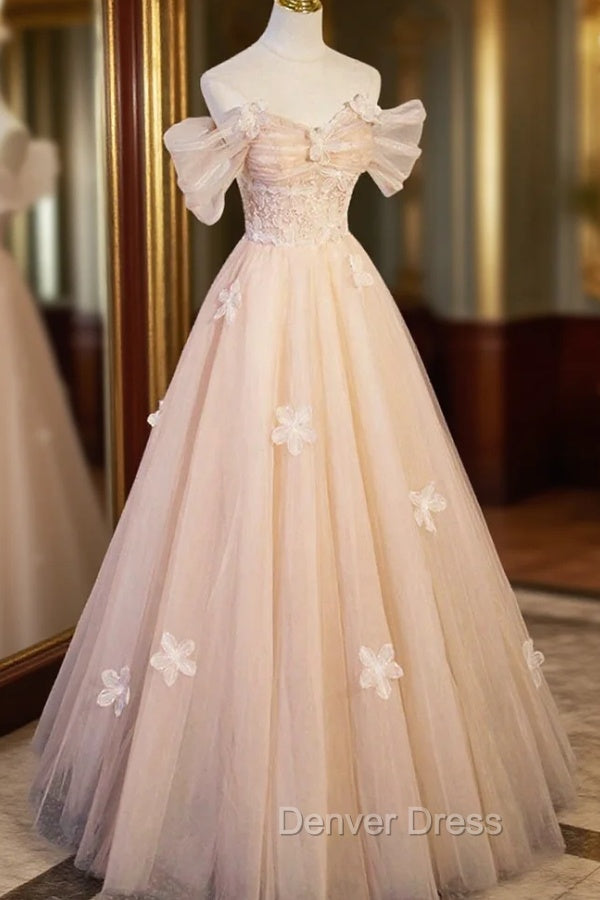 Cute Flowers Tulle Long Prom Dress, Off Shoulder Prom Dresses