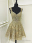Cute Gold Lace V Neck Short Prom Dress, Homecoming Dress
