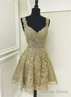 Cute Gold Lace V Neck Short Prom Dress, Homecoming Dresses
