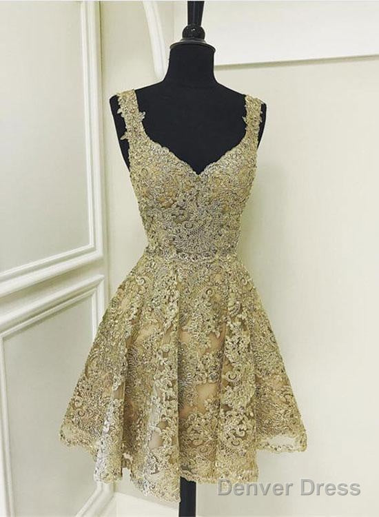 Cute Gold Lace V Neck Short Prom Dress, Homecoming Dresses